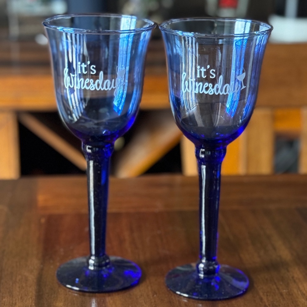 NEW - Laser Engraved - "It's Winesday" - Blue Wine Glasses - set/2